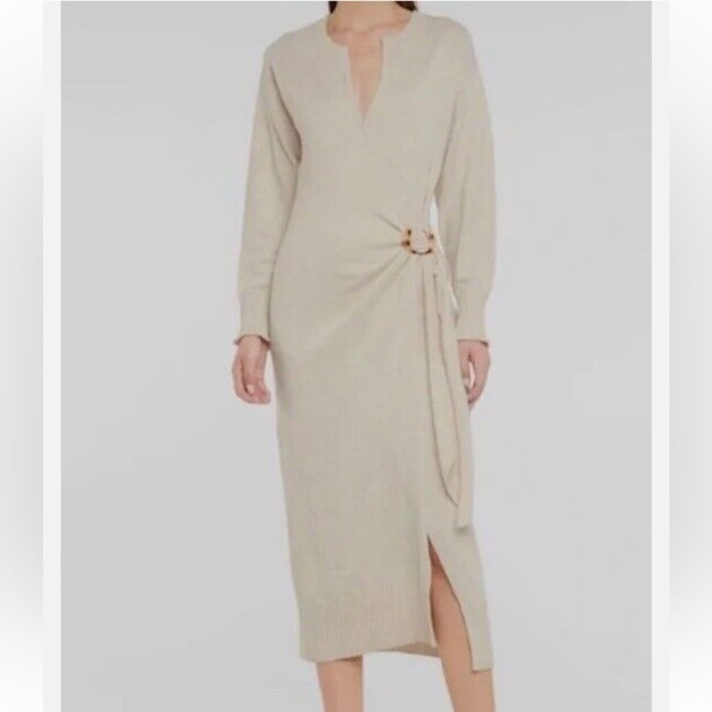 NWT Jonathan Simkhai Beige Evalynn Cashmere Wool Wrap Sweater Dress size M